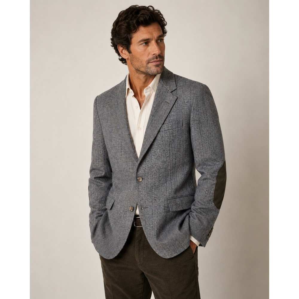 VTG PBM Edwards Mens Grey Herringbone Wool Tweed Blazer Elbow Patches